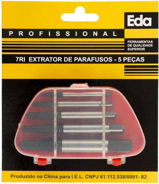 Extratores de parafusos
Jogo com 5 peças
Medidas 3 a 18 mm (1/8" a 3/4")
Marca Eda Profissional