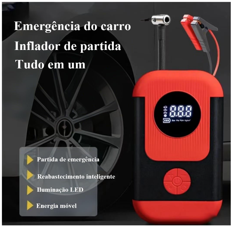 PORTÁTIL: Kit compacto de partida de emergência com case resistente, design ergonômico e fácil de transportar no porta-malas do carro
MULTIFUNCIONAL: Combina função de auxiliar de partida para bateria automotiva com compressor de ar integrado para calibragem de pneus
SEGURANÇA: Sistema de proteção contra curto-circuito, inversão de polaridade e sobrecarga para uso seguro
PRATICIDADE: Interface intuitiva com botões de controle e display LED para fácil visualização das funções
ARMAZENAMENTO: Case organizador com compartimentos específicos para todos os acessórios e cabos incluídos