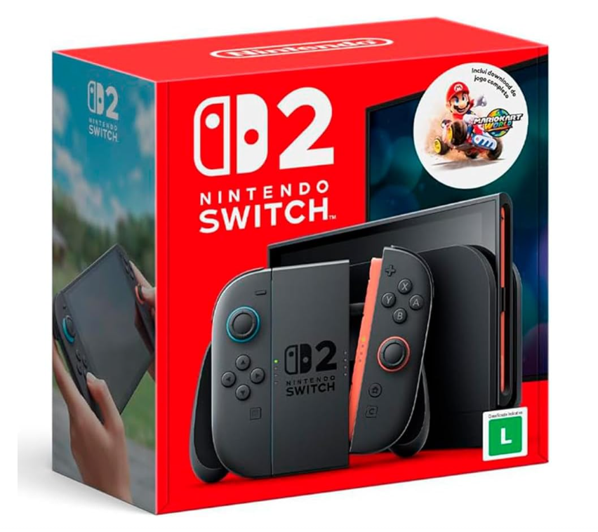 Sobre este item: Novo Switch 2. Experimente jogos com resolução de 1080p na tela do console ou até 4K na TV. Controles Joy-Con 2. Nova Base e Tela Maior. Mario Kart World.