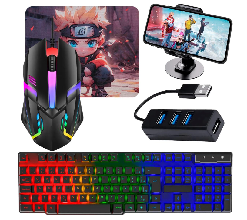 Kit Mobilador Para Celular Gamer Teclado Led Rgb + Mouse Gamer 1600dpi + Suporte Celular + Conectores (MICRO USB V8)
